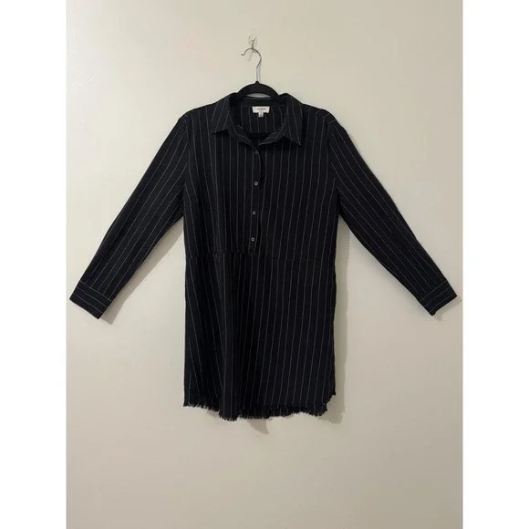 Umgee USA Black Pinstripe Cotton Shirt Dress Raw Frayed Hem Small A4505 - Picture 2 of 7